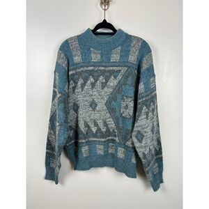 Pacific Club Mens Southwestern‎ Mock Neck Sweater Medium Blue Gray Aztec Jumper